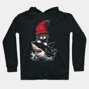 Cat Riding Shark Whiskered Adventure Hoodie